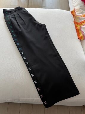 Authentic Louis Vuitton Black Mens Dress Pants with Multicolor LV Side Trim